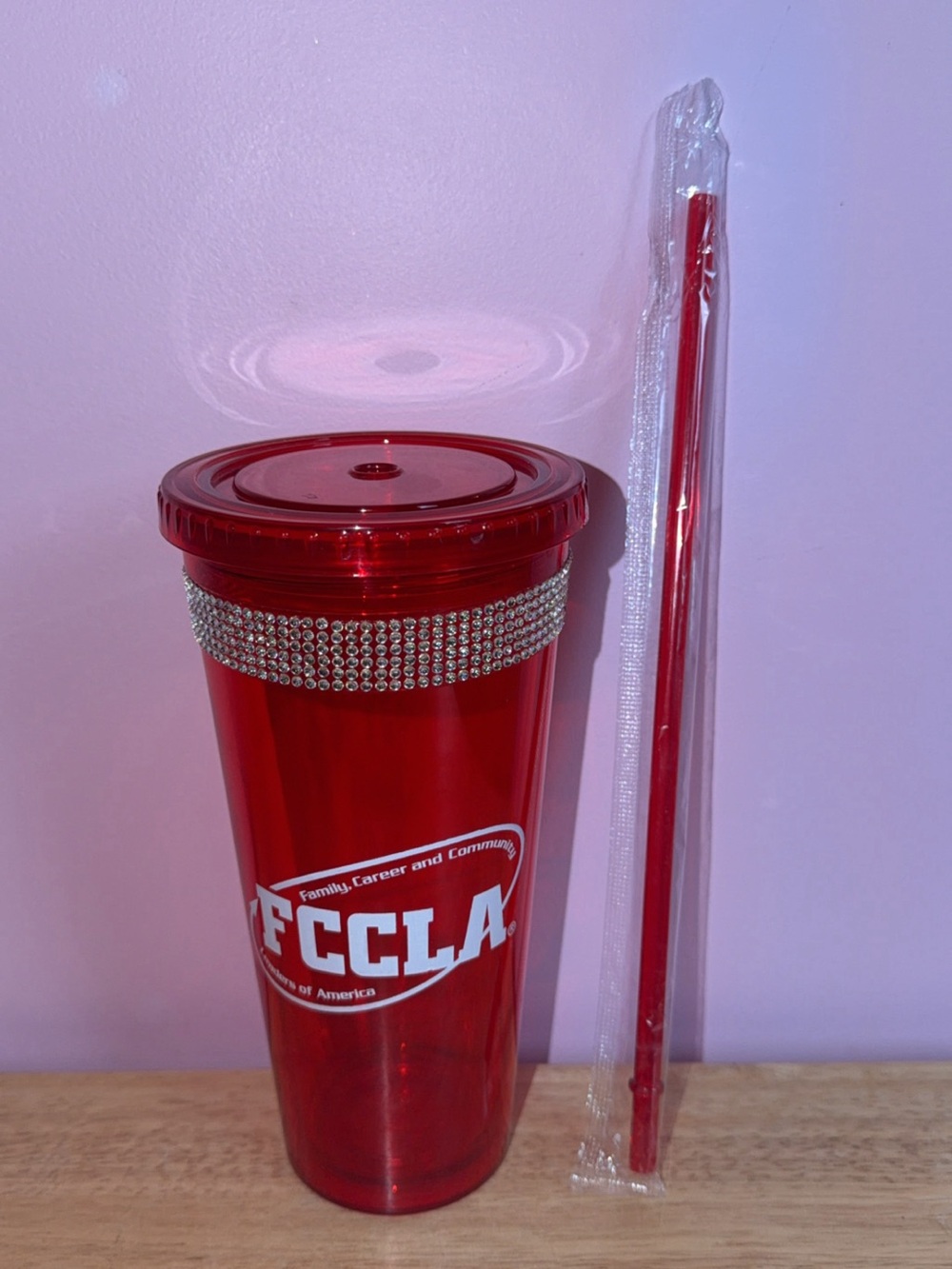 FCCLA Red Rhinestone Accent Tumbler with Lid & Straw